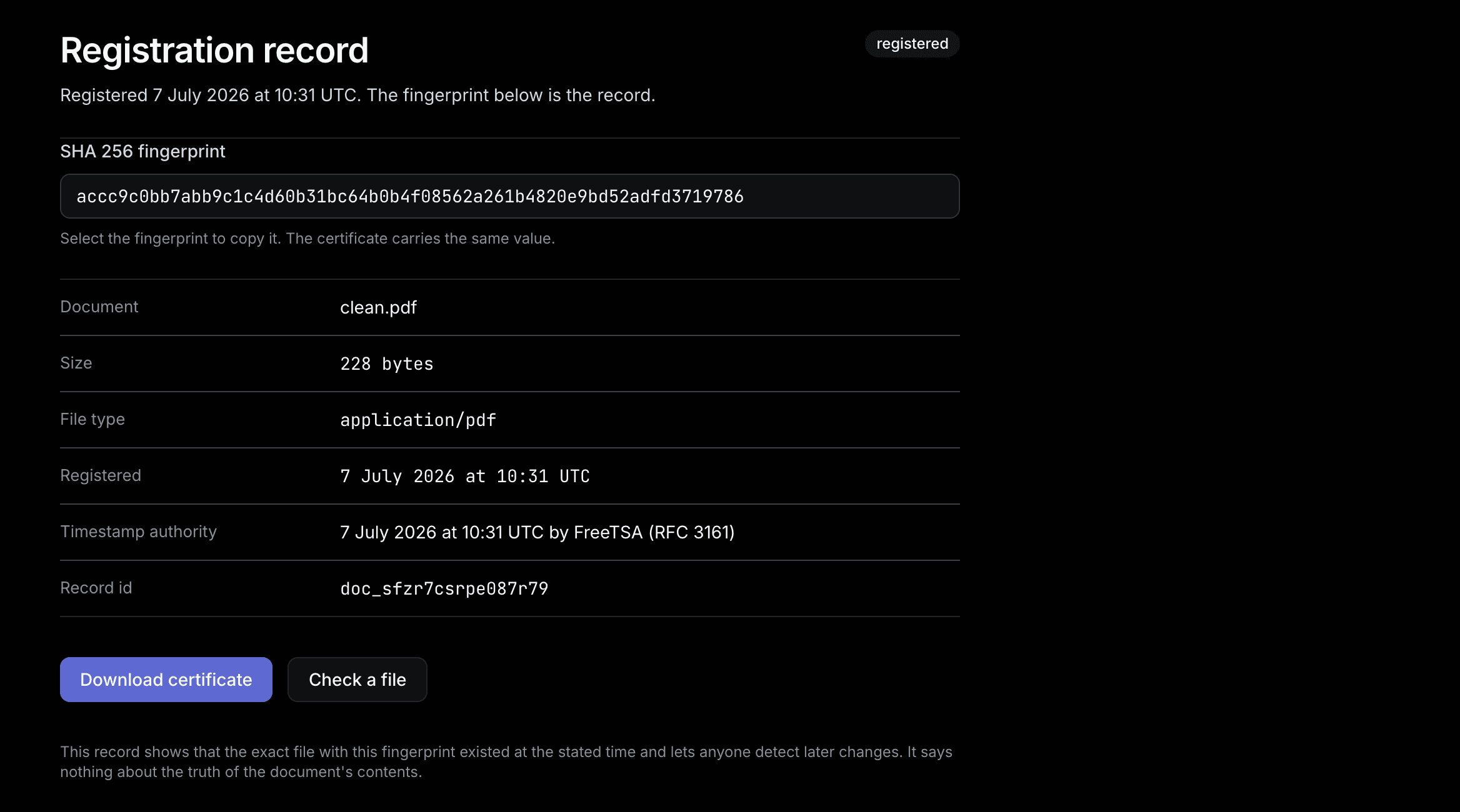 The LudeProof record for clean.pdf: its SHA 256 fingerprint, the FreeTSA trusted timestamp and the public verify link.