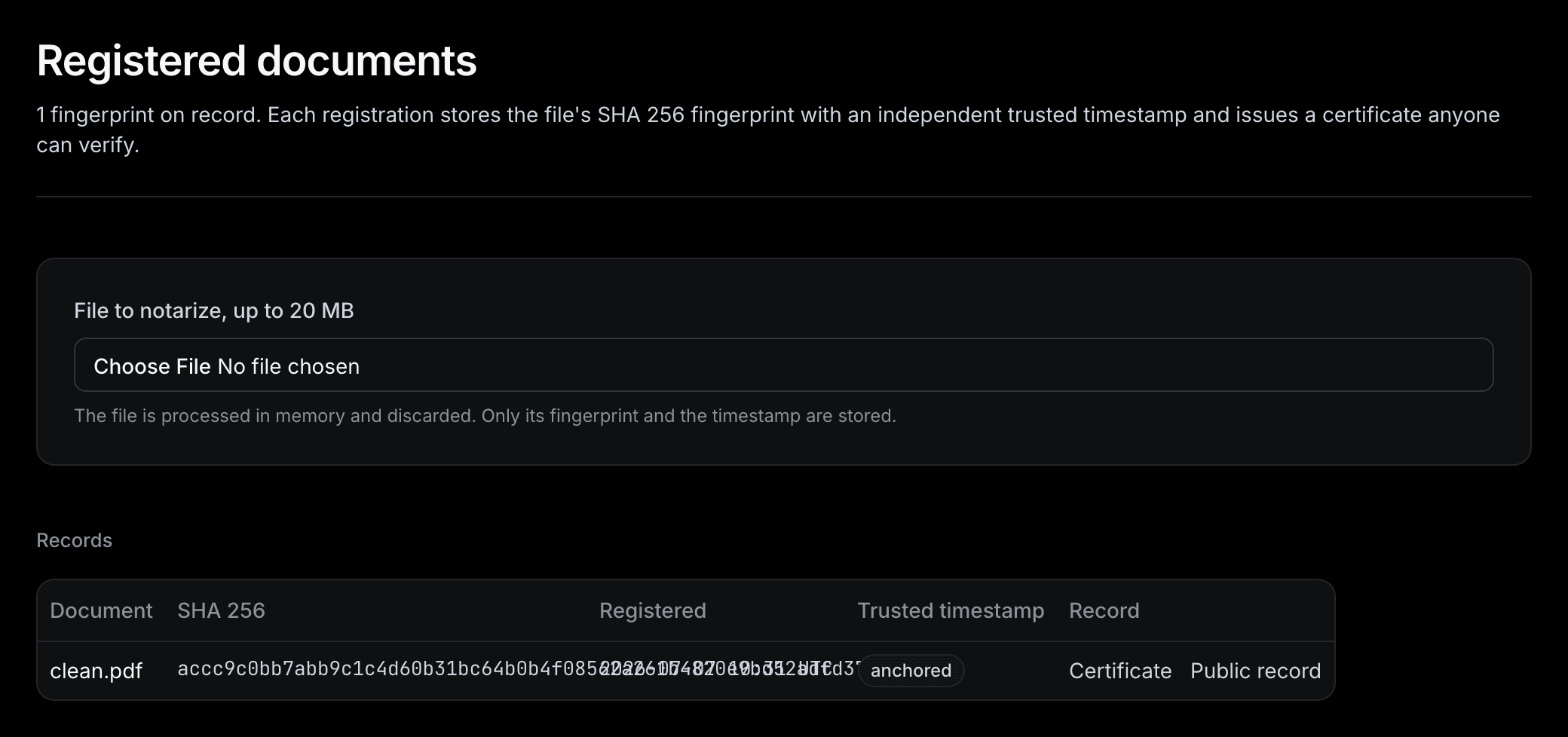 The notarize page: a field for the document, and a table of registered documents with their fingerprints and timestamps.